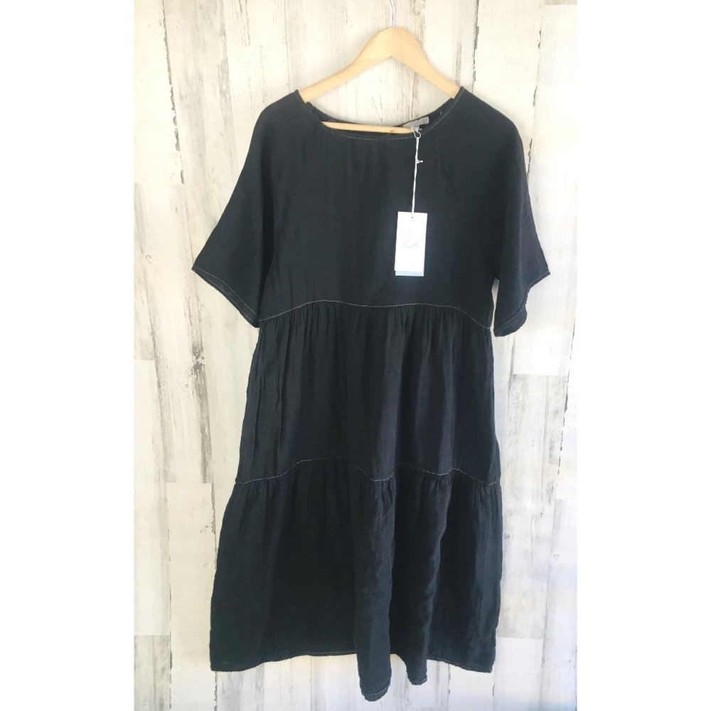 NWT Johnny Was Calme Black Gauze Midi Dress Short Elbow Sleeve Cotton S